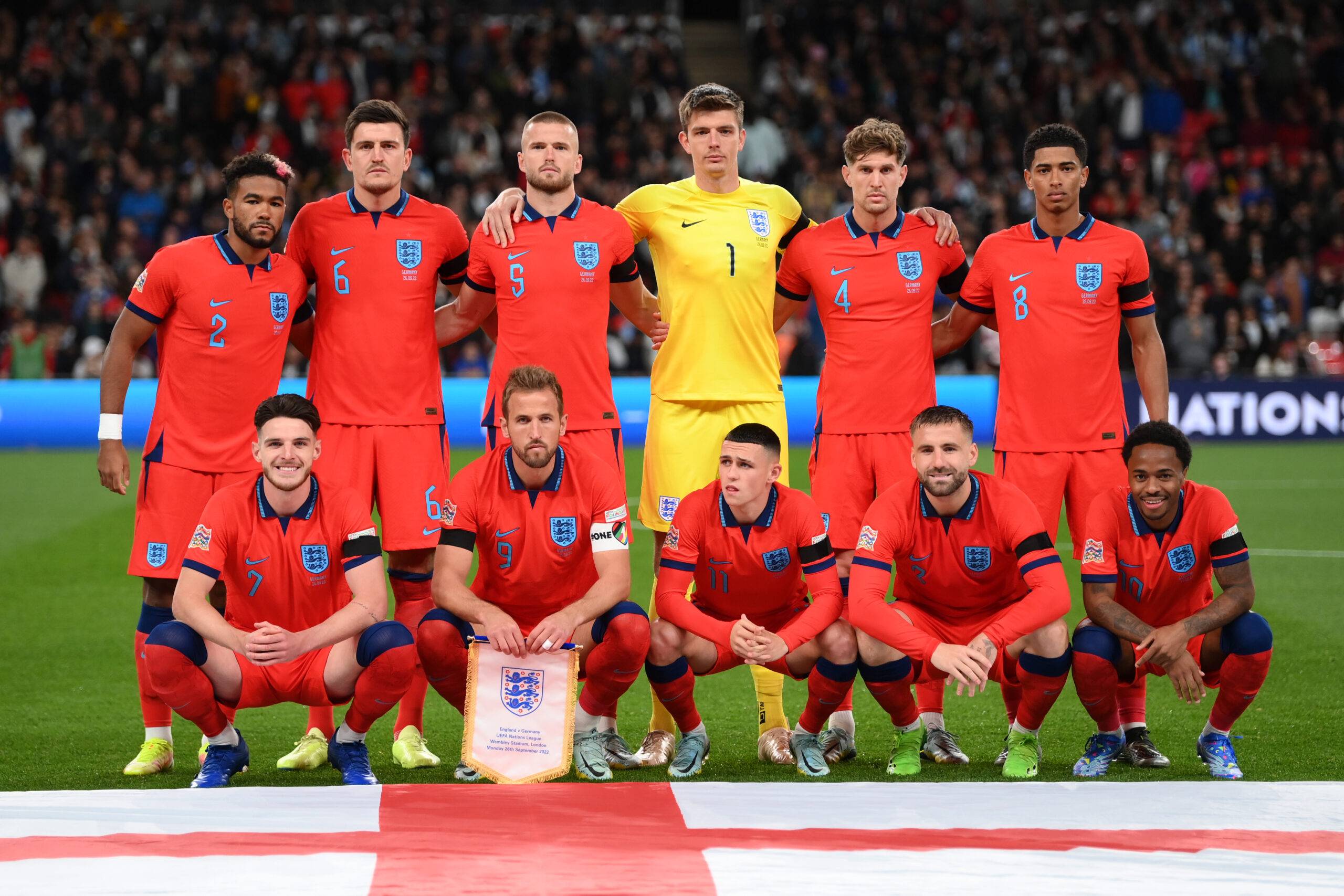 England squad pose for photos before their game against Germany.