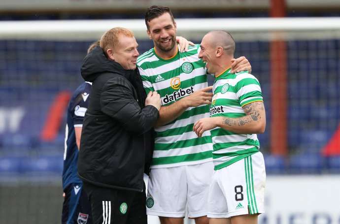 Neil Lennon with Scott Brown and Shane Duffy