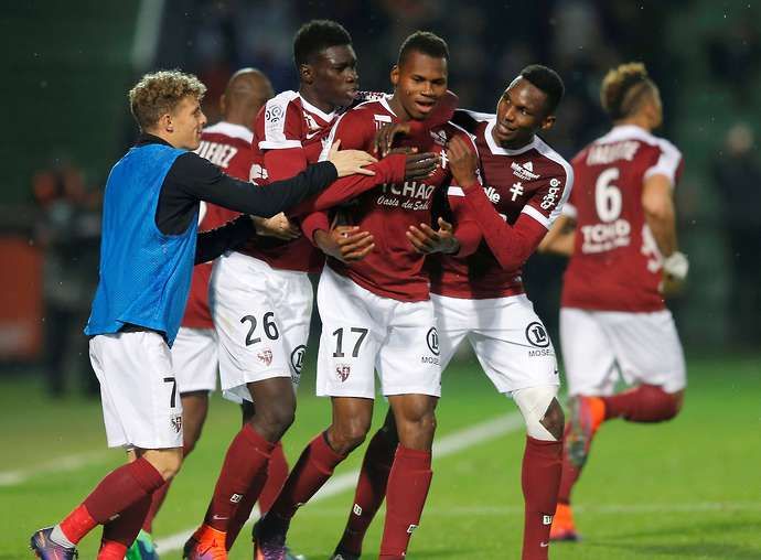 Habib Diallo celebrates scoring for Metz