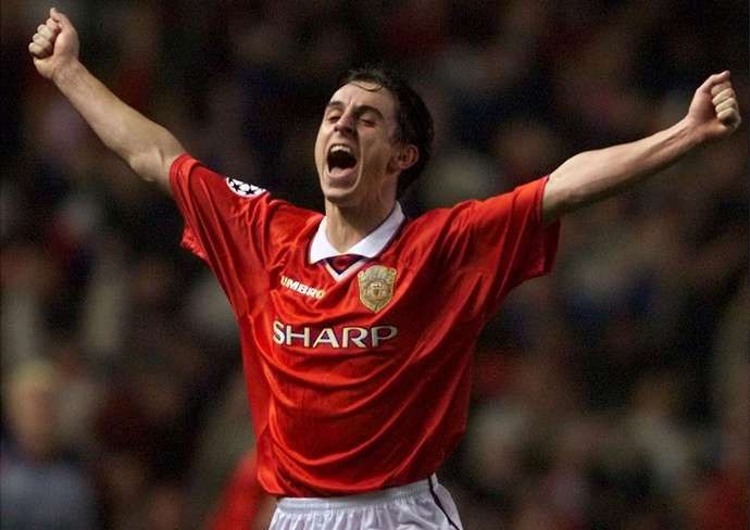 Gary Neville celebrates a Manchester United goal