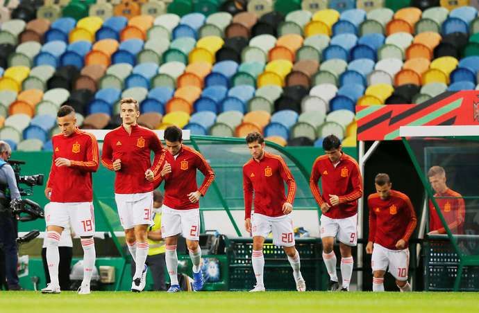 Spain national team warming up before playing Portugal