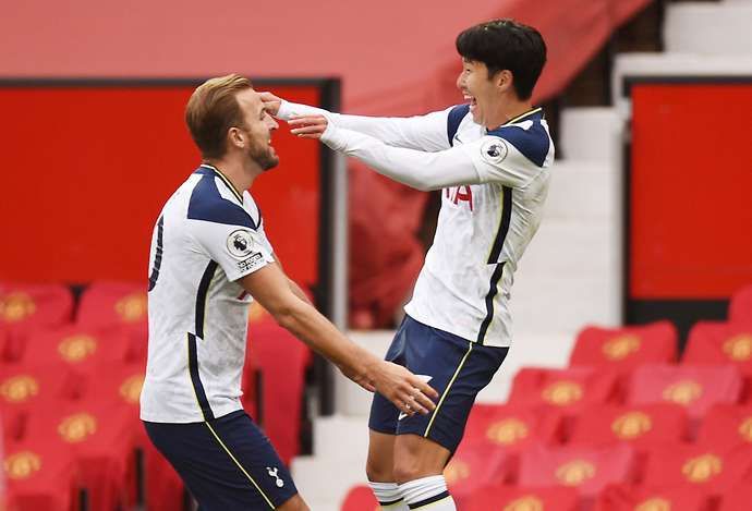 Harry Kane and Heung-min Son celebrate a goal against Manchester United