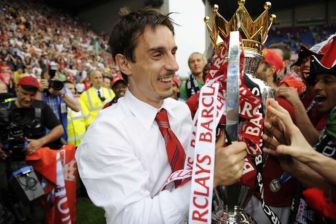 Gary Neville with Premier League trophy
