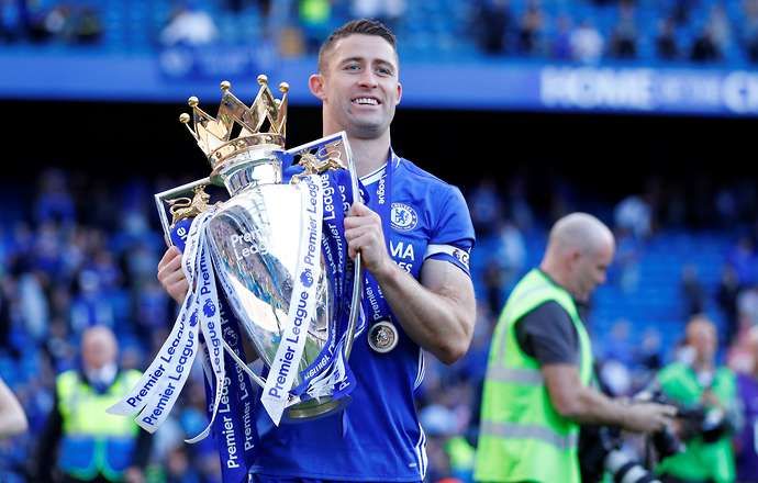 Gary Cahill with Premier League trophy