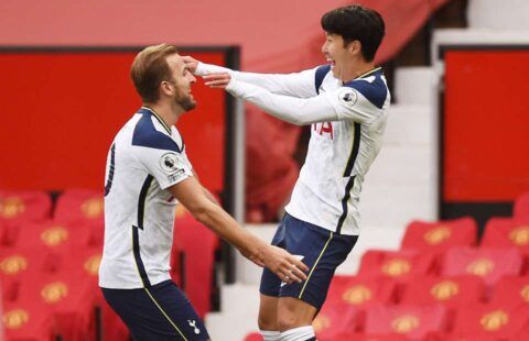 Harry Kane and Heung-min son celebrate scoring at Old Trafford