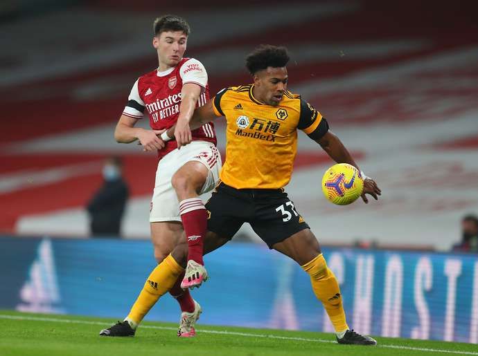 Adama Traore in action during Wolves vs Arsenal