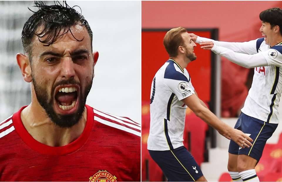 Manchester United's Bruno Fernandes and Tottenham's Harry Kane and Heung-min Son