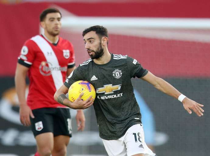 Manchester United's Bruno Fernandes scores against Southampton in the Premier League