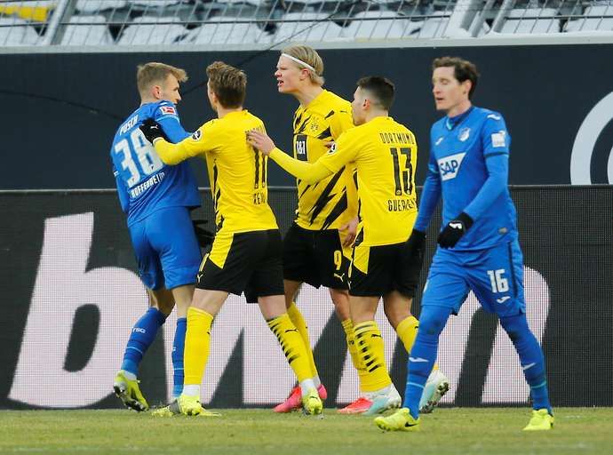 Erling Haaland and Stefan Posch during Dortmund vs Hoffenheim