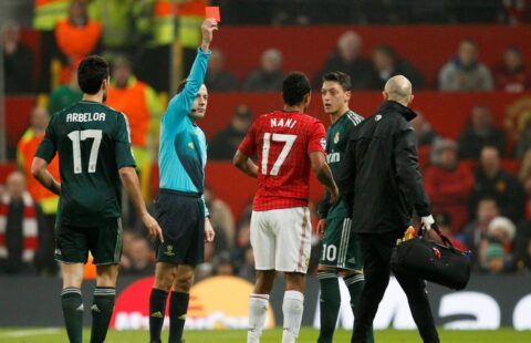 Nani is shown a red card in Man United vs Real Madrid in 2013