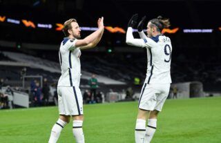 Tottenham winger Gareth Bale celebrates with Harry Kane
