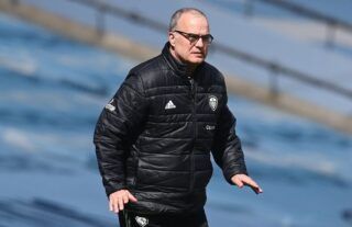 Leeds manager Marcelo Bielsa watching his side