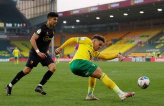 Norwich defender and West Ham target Max Aarons in action against Watford