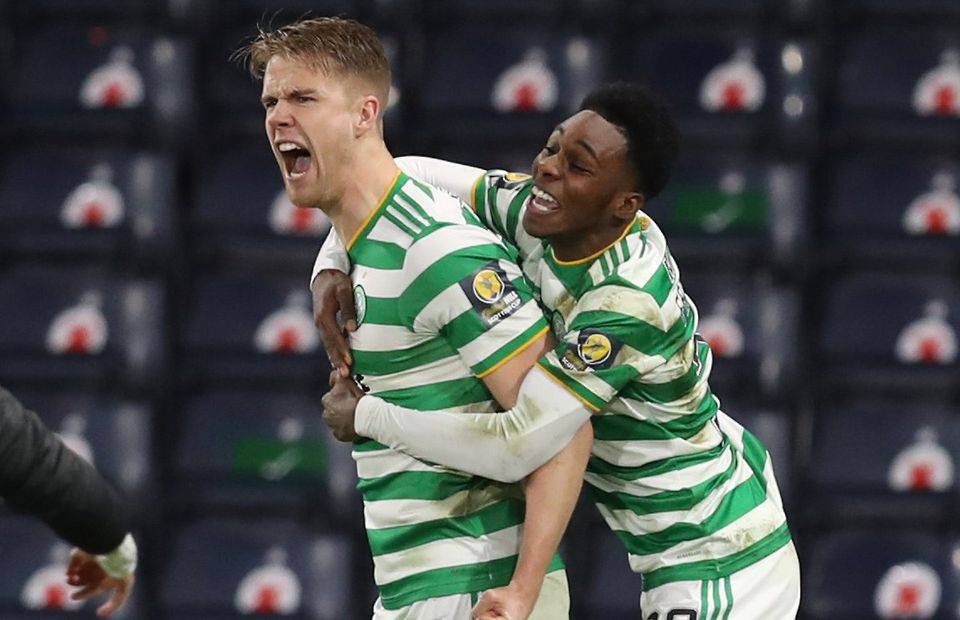 Kristoffer Ajer celebrating with his Celtic teammate