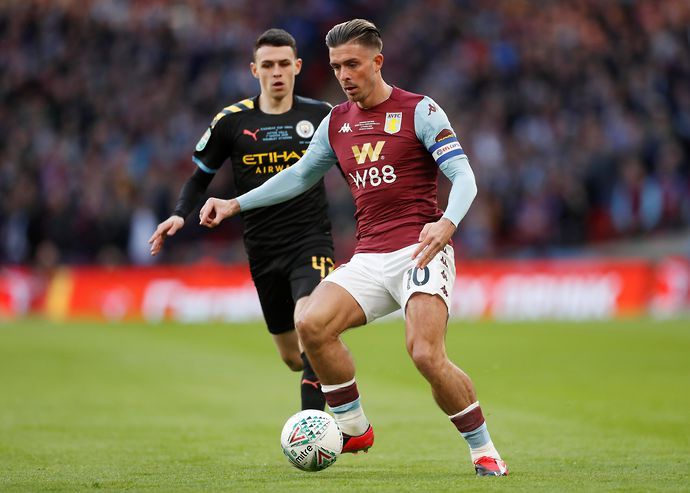 Phil Foden and Aston Villa's Jack Grealish playing in the EFL Cup final at Wembley