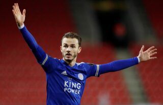 Leicester midfielder James Maddison asking for the ball