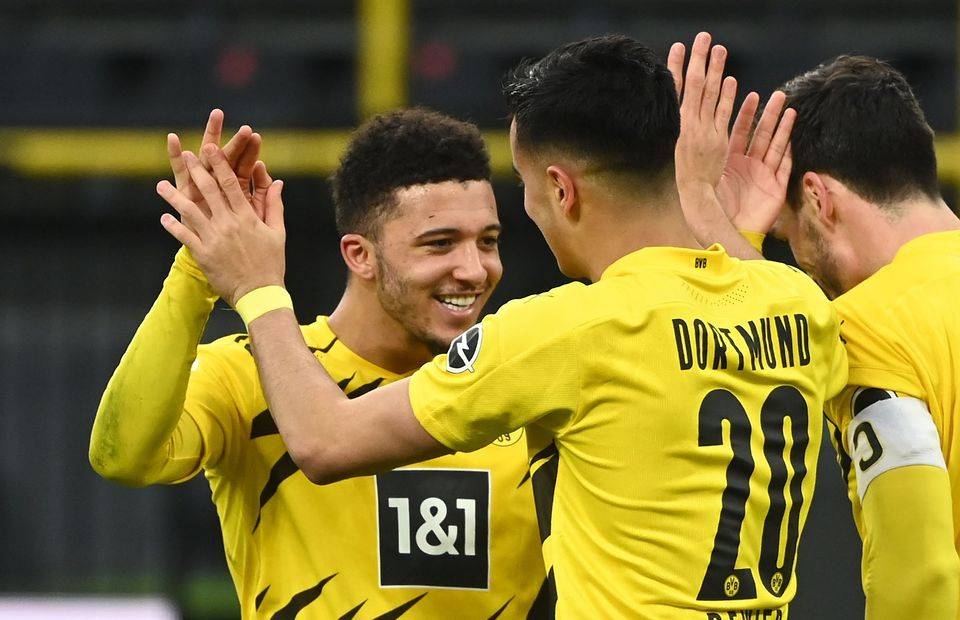 Manchester United target Jadon Sancho celebrates scoring for Borussia Dortmund