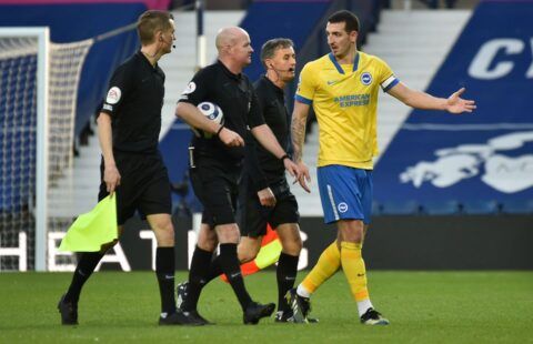 Brighton's Lewis Dunk complaining to match officials after a match against West Brom