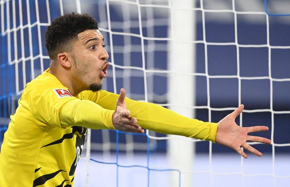 Manchester United target Jadon Sancho reacts whilst playing for Borussia Dortmund