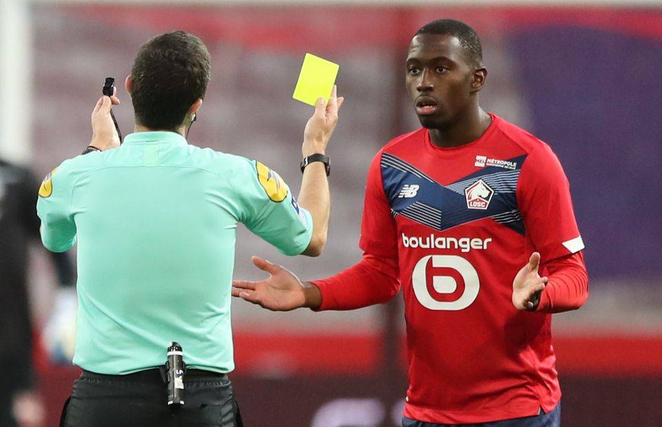 Leicester City target Boubakary Soumare receives a yellow card for Lille