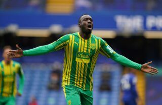 West Brom striker and Crystal Palace target Mbaye Diagne celebrating