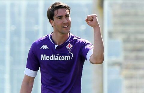 Fiorentina striker and Liverpool target Dusan Vlahovic celebrates scoring