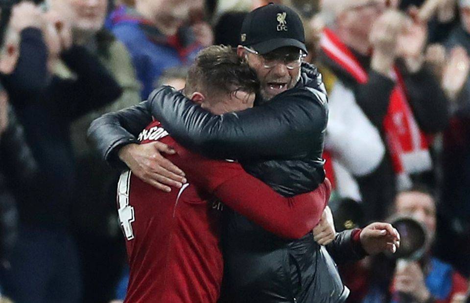 Jordan Henderson celebrates with Jurgen Klopp after Liverpool 4-0 Barcelona in 2019