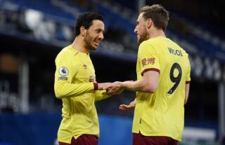 Burnley winger and Aston Villa target Dwight McNeil celebrating goal at Everton