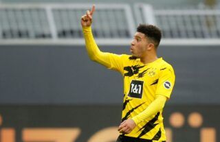 Borussia Dortmund star Jadon Sancho celebrates after scoring against RB Leipzig in the Bundesliga