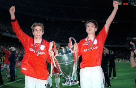Gary Neville and Phil Neville celebrate after winning the Champions League with Manchester United