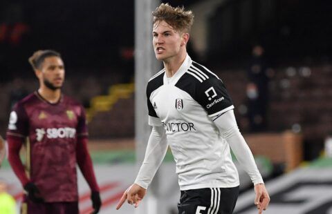 Joachim Andersen celebrates scoring for Fulham amid speculation over a future move to Tottenham