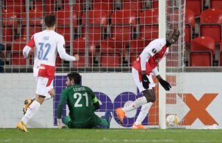 Slavia Prague forward and West Ham target Abdallah Sima celebrating a goal