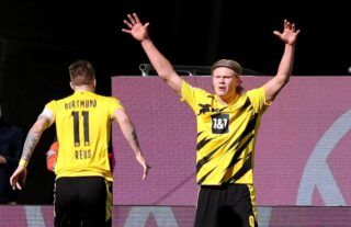 Manchester United target Erling Haaland celebrates scoring for Dortmund