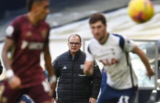 Leeds United manager Marcelo Bielsa watches his team in action against Tottenham Hotspur
