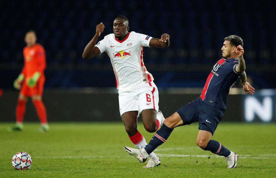 Ibrahima Konate in action for RB Leipzig amid reports that he has agreed a deal with Liverpool