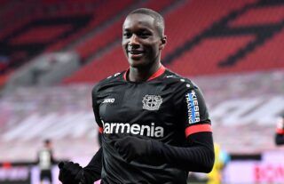 Moussa Diaby celebrating scoring for Leverkusen amid reported interest from Man United