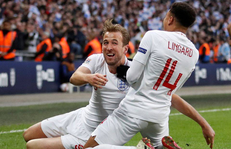 Harry Kane and Jesse Lingard celebrate scoring for England versus Croatia