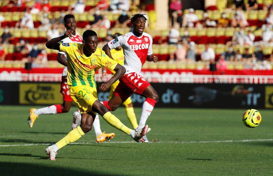 Nantes forward and Crystal Palace target Randal Kolo Muani takes a shot at goal