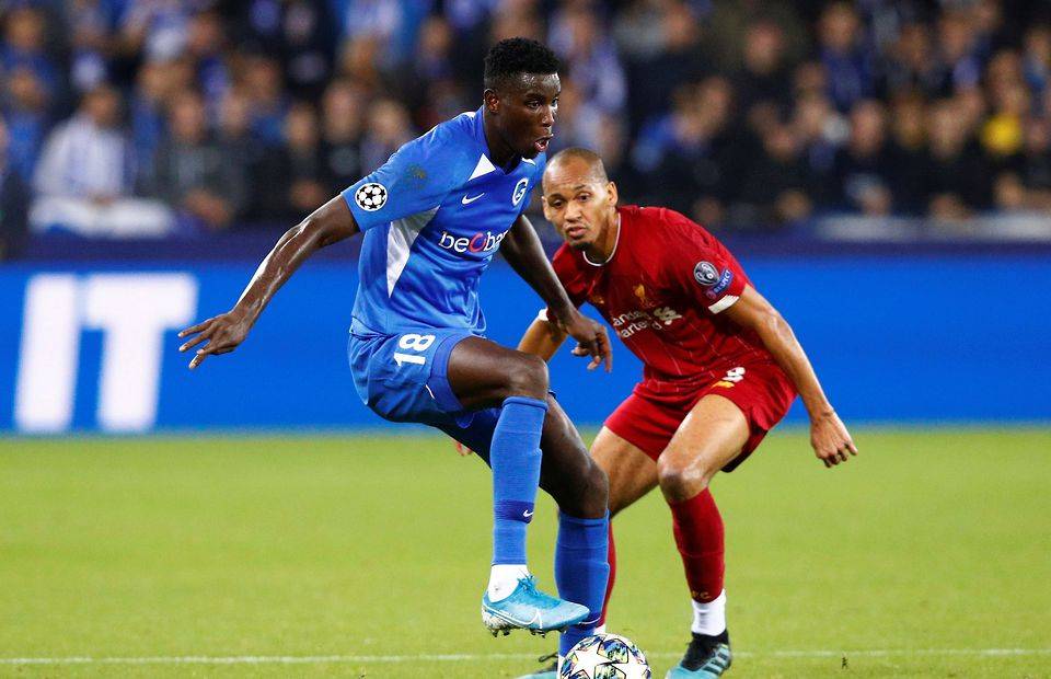 Genk's Paul Onuachu in action against Liverpool amid speculation that he could join the Reds