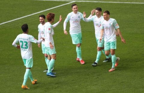 Werder Bremen winger and Aston Villa target Milot Rashica celebrates a goal