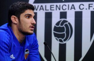 Valencia forward and Everton target Goncalo Guedes in a press conference