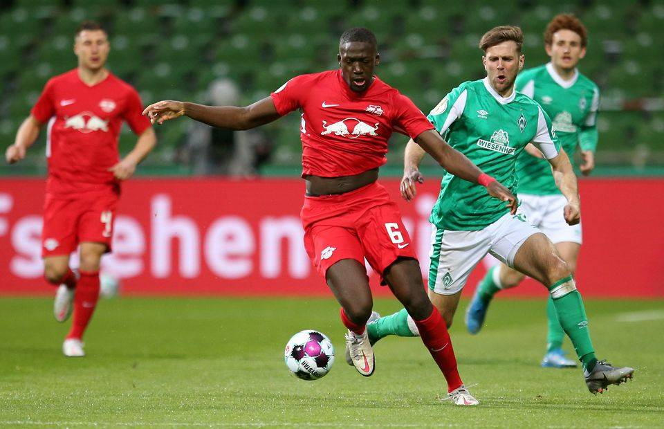 Ibrahima Konate in action for RB Leipzig amid speculation over a move to Liverpool