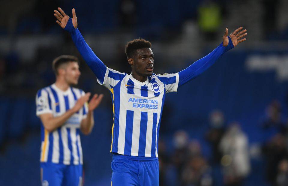 Yves Bissouma celebrates for Brighton amid speculation over a move to Liverpool