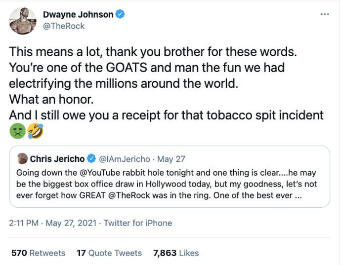 The Rock was quick to send praise back to Jericho