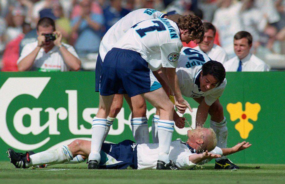 Paul Gascoigne celebrates scoring for England vs Scotland at Euro 96