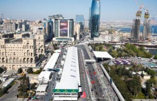 The start-finish straight and paddock at the Baku Street Circuit