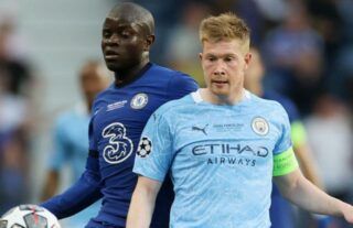 N'Golo Kante and Kevin De Bruyne during Chelsea vs Man City