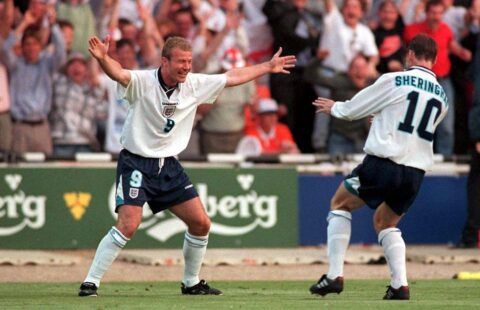 Alan Shearer celebrates after scoring for England against Holland at Euro 96