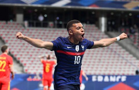 Kylian Mbappe celebrates scoring for France
