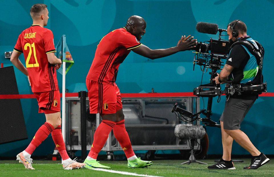 Romelu Lukaku celebrates scoring for Belgium